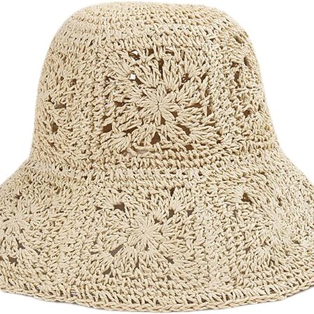 Crochet flower straw bucket hat