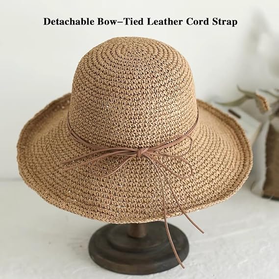 Women Straw Bucket Hat Wide Brim Foldable UPF 50+ - Image 2