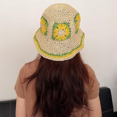Women Crochet Straw Wide Brim Floral Fisherman Foldable