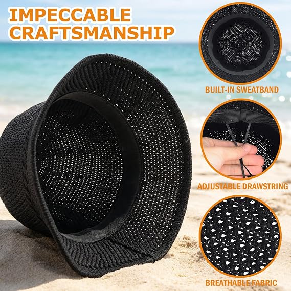 Women Crochet Bucket Hat Packable Faux Straw UV Protection Adjustable Breathable - Image 2
