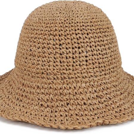 Women Straw Bucket Hat Wide Brim Foldable UPF 50+
